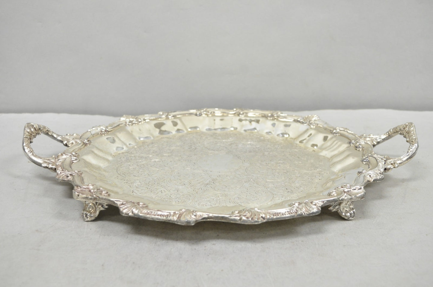 Vintage Victorian Silver Plated Round Scalloped Twin Handle Bar Serving Tray