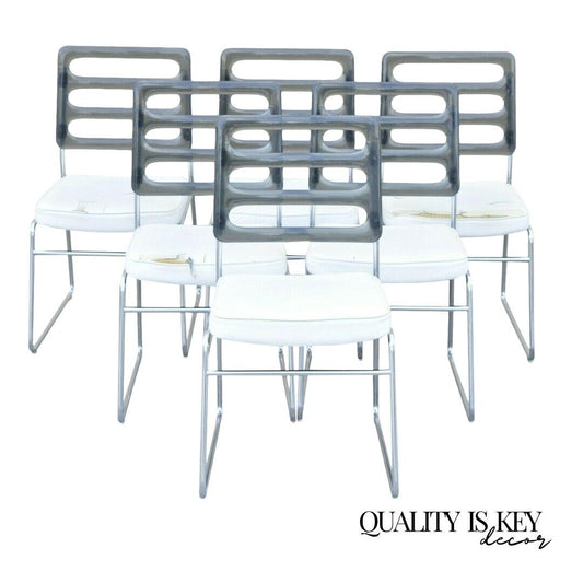 Mid Century Smoked Lucite Back Chrome Frame Base Dining Chairs - Set of 6