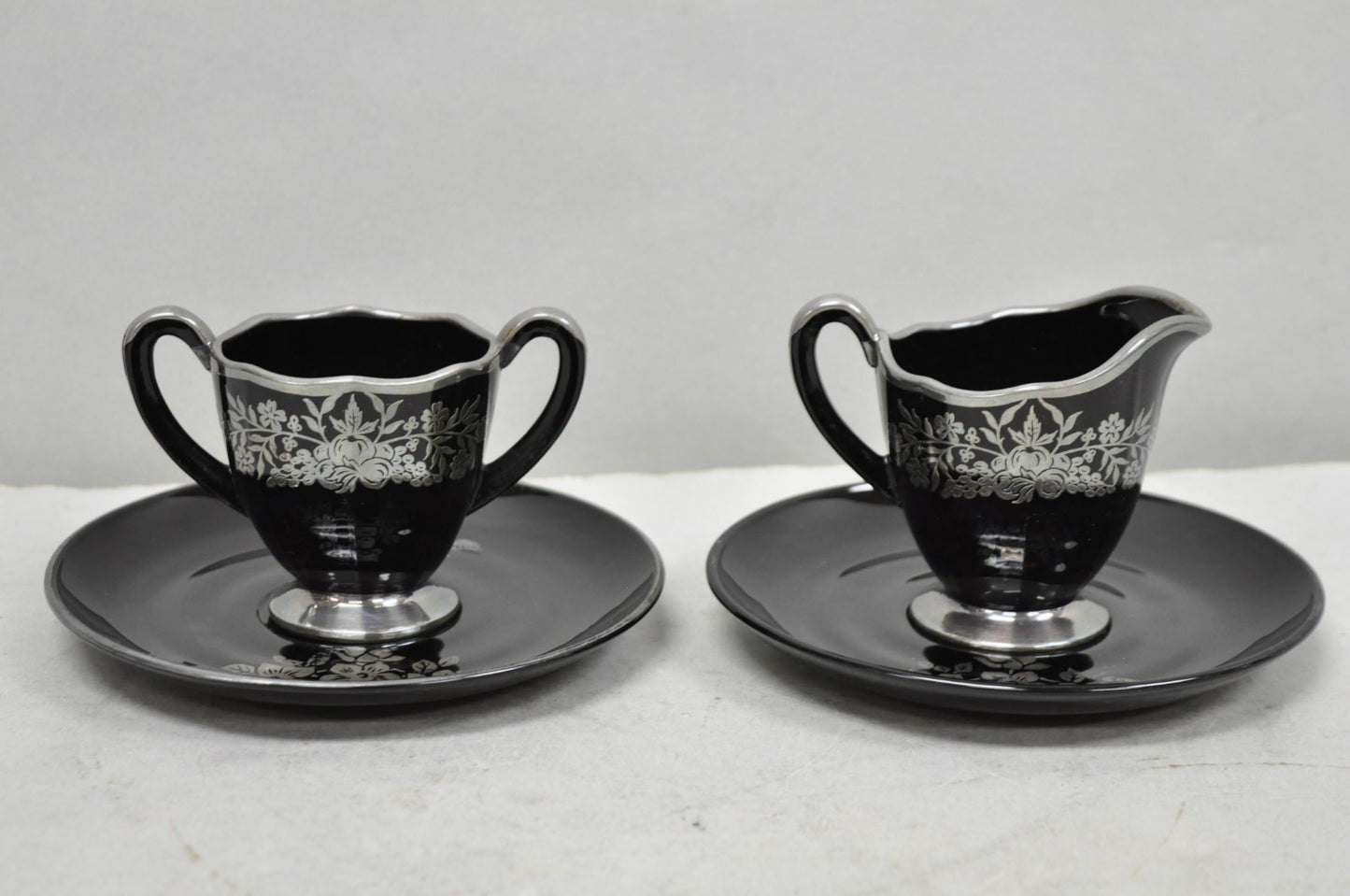Vintage Rockwell Black Amethyst Glass Creamer Sugar Set Sterling Silver Overlay