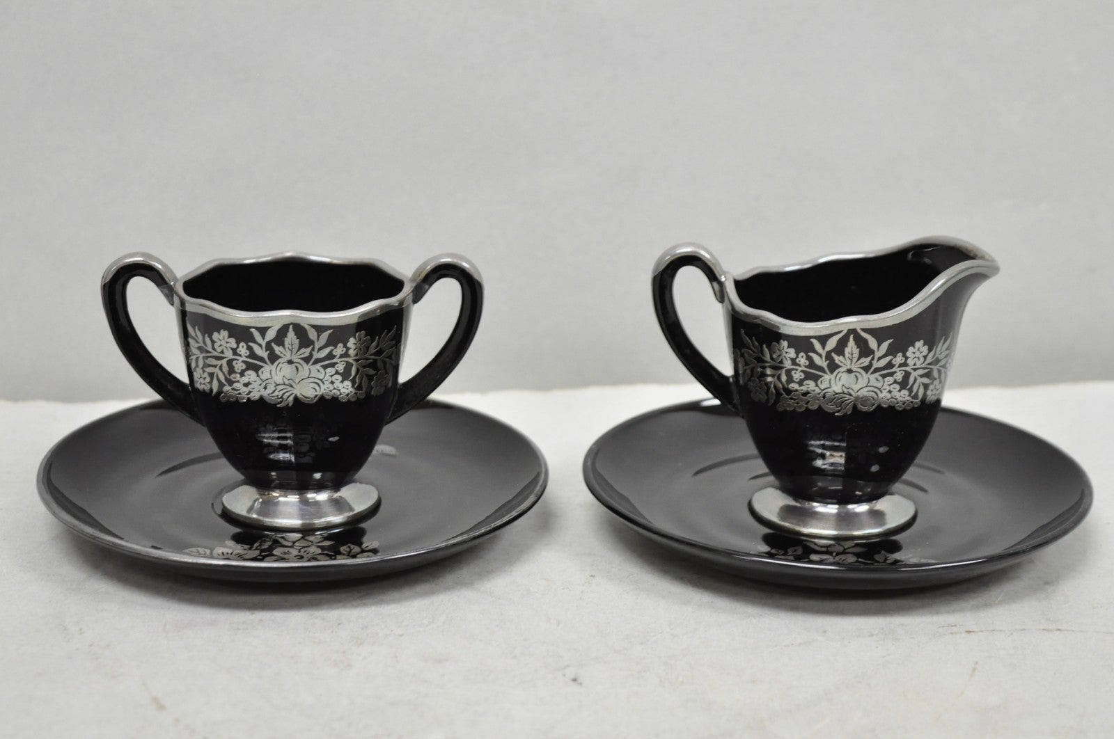 Vintage Rockwell Black Amethyst Glass Creamer Sugar Set Sterling Silver Overlay