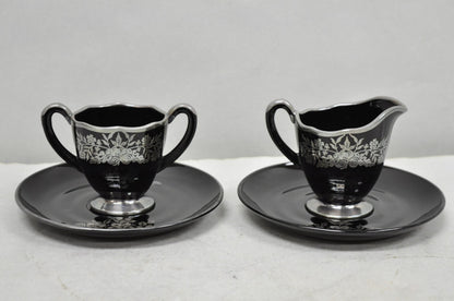 Vintage Rockwell Black Amethyst Glass Creamer Sugar Set Sterling Silver Overlay