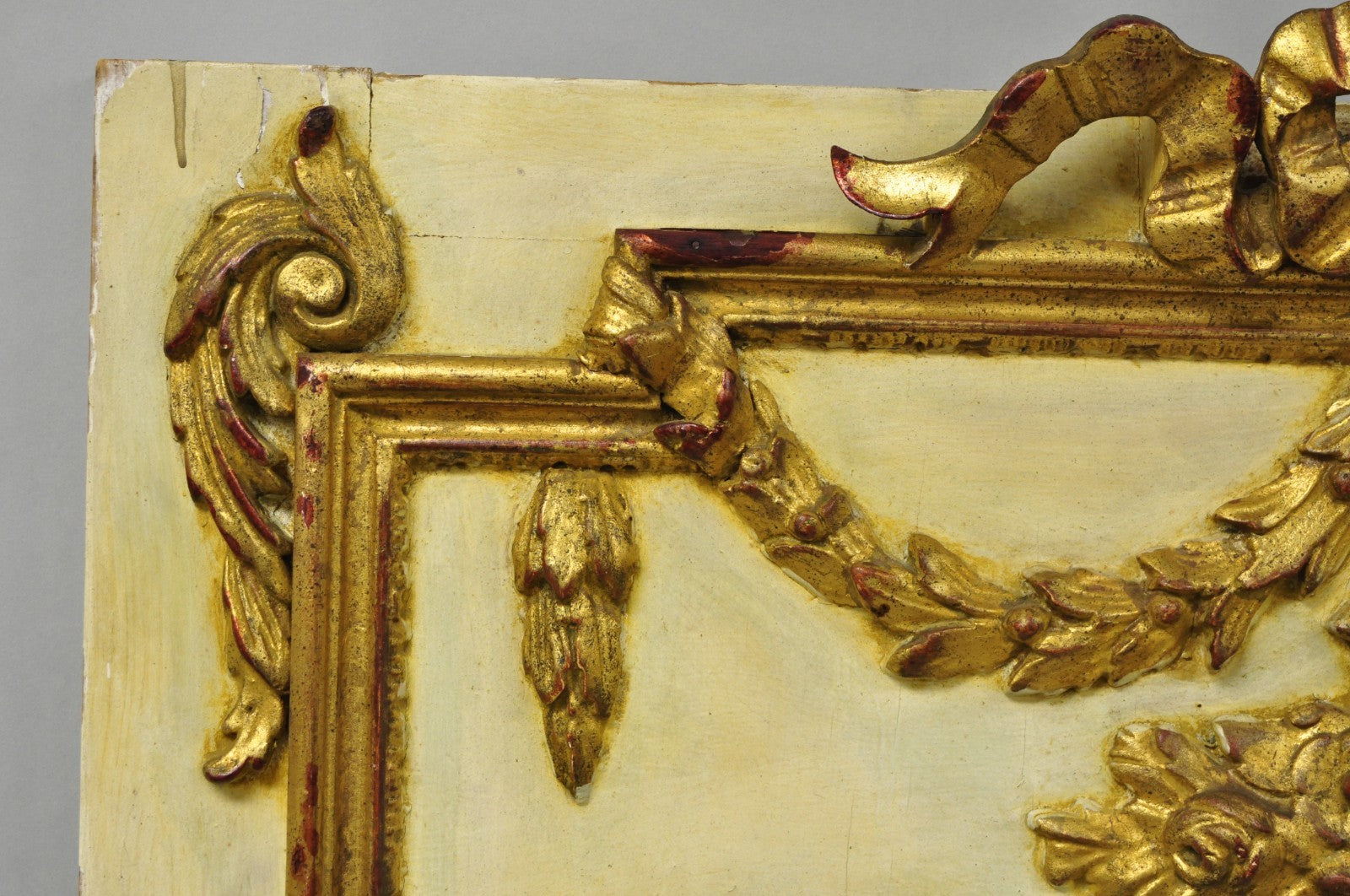 Antique French Louis XV Style Cream & Gold Gilt Drape Ribbon Trumeau Wall Mirror