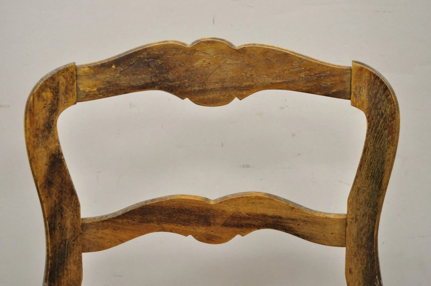 Vintage French Country Distressed Wood Ladder Back Rush Seat Side Chair