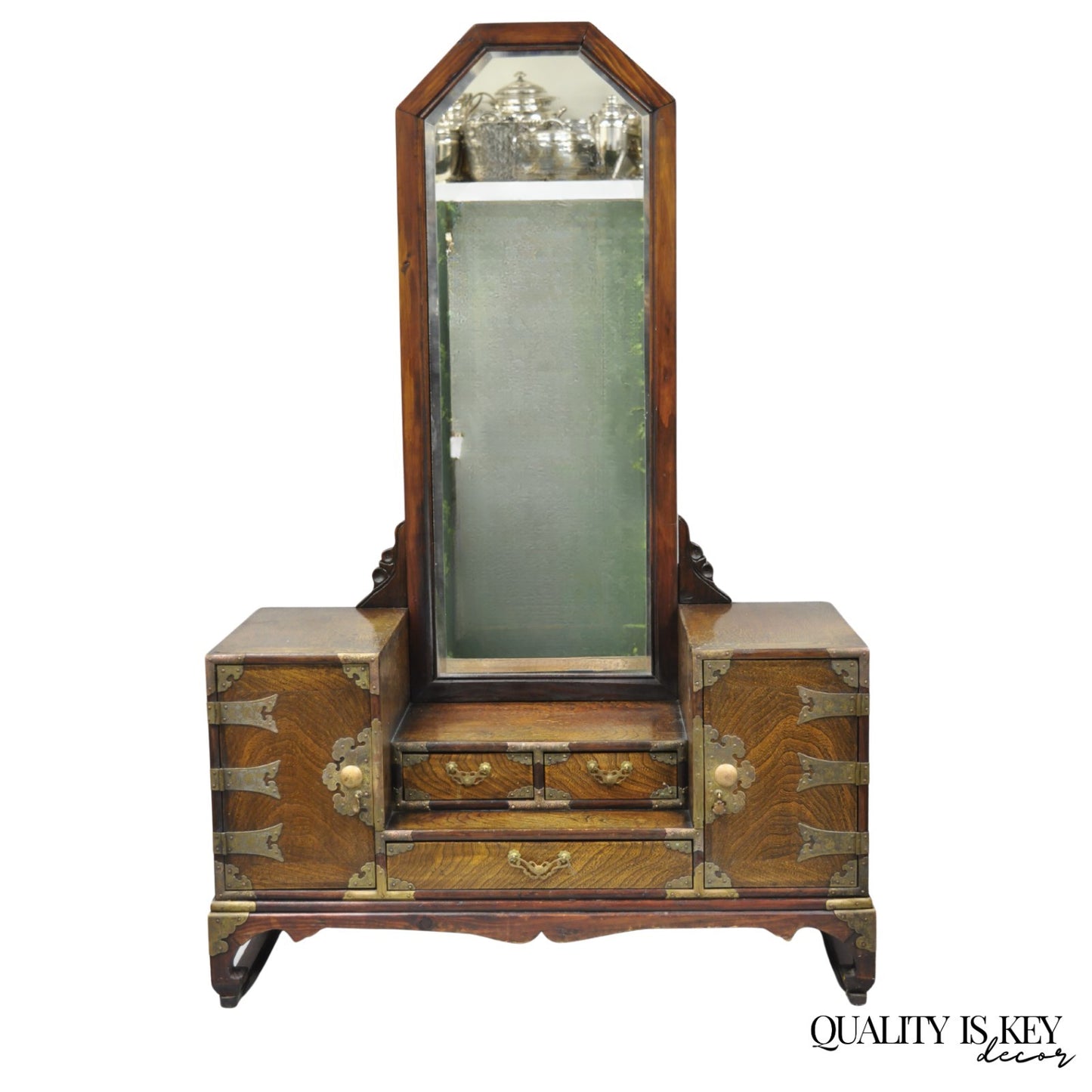 Antique Japanese Wood & Brass Small Low Kyodai Vanity Dressing Table with Mirror