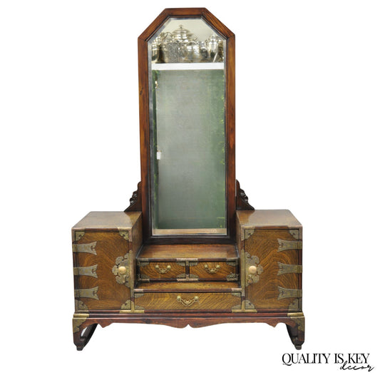 Antique Japanese Wood & Brass Small Low Kyodai Vanity Dressing Table with Mirror