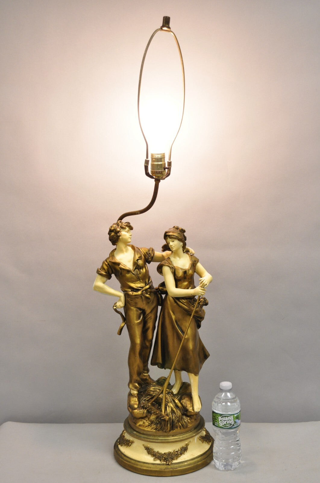 Antique French Renaissance Moreau Figural Metal Table Lamp, Wife & Farmer