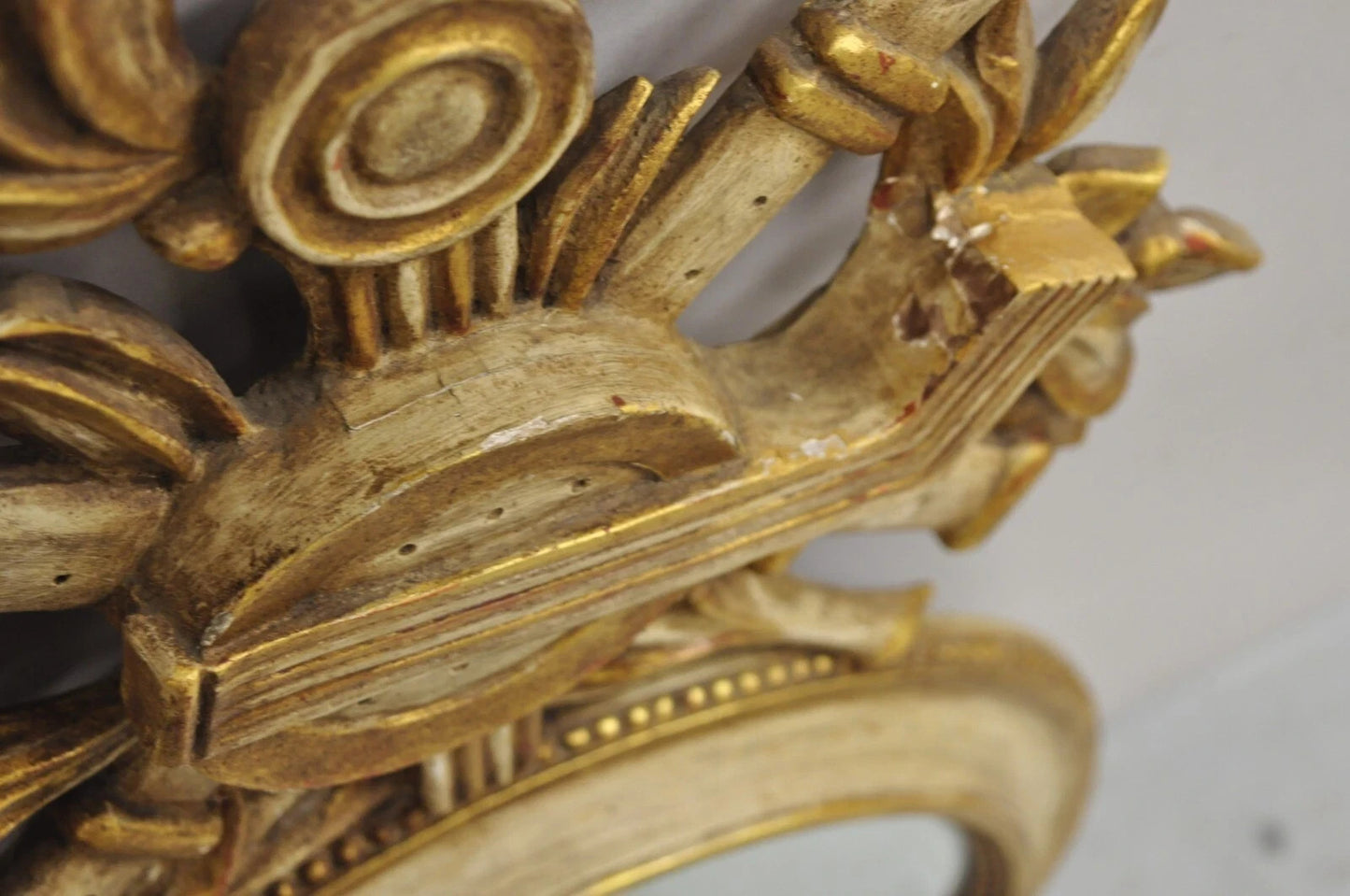 Antique Italian Regency Carved Wood Round Cream & Gold Wall Mirror by M Grieve