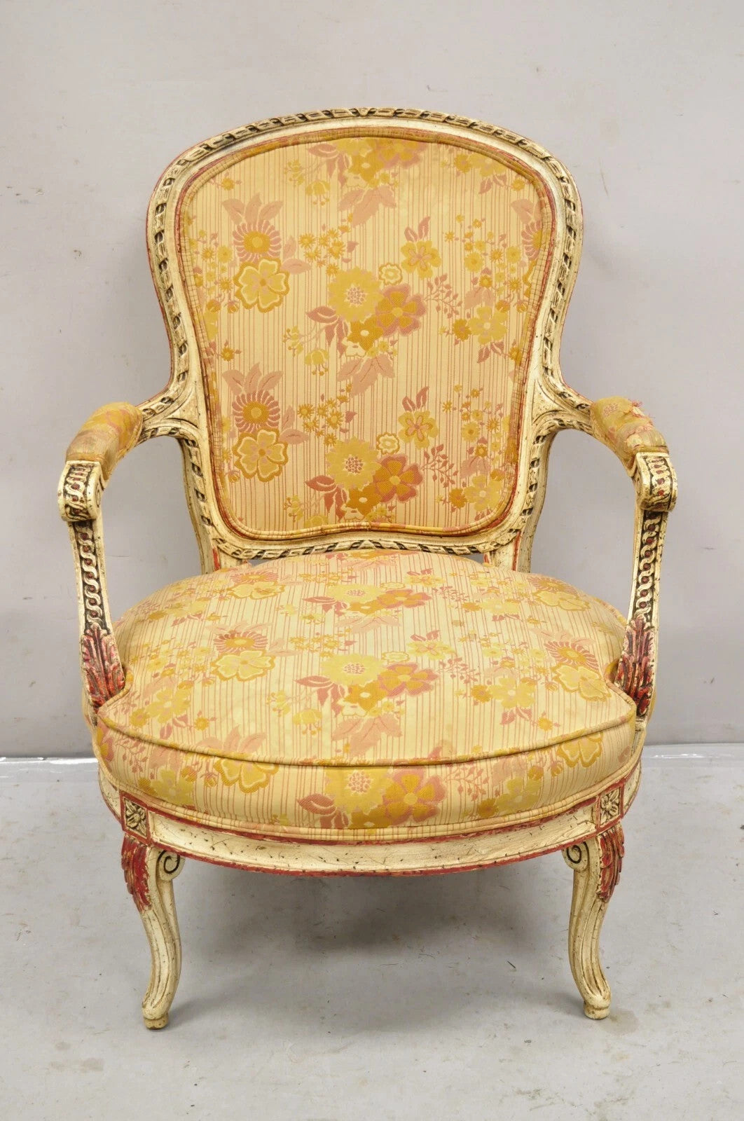 Vintage French Louis XV Style Cream and Red Painted Low Boudoir Fauteuil Chair