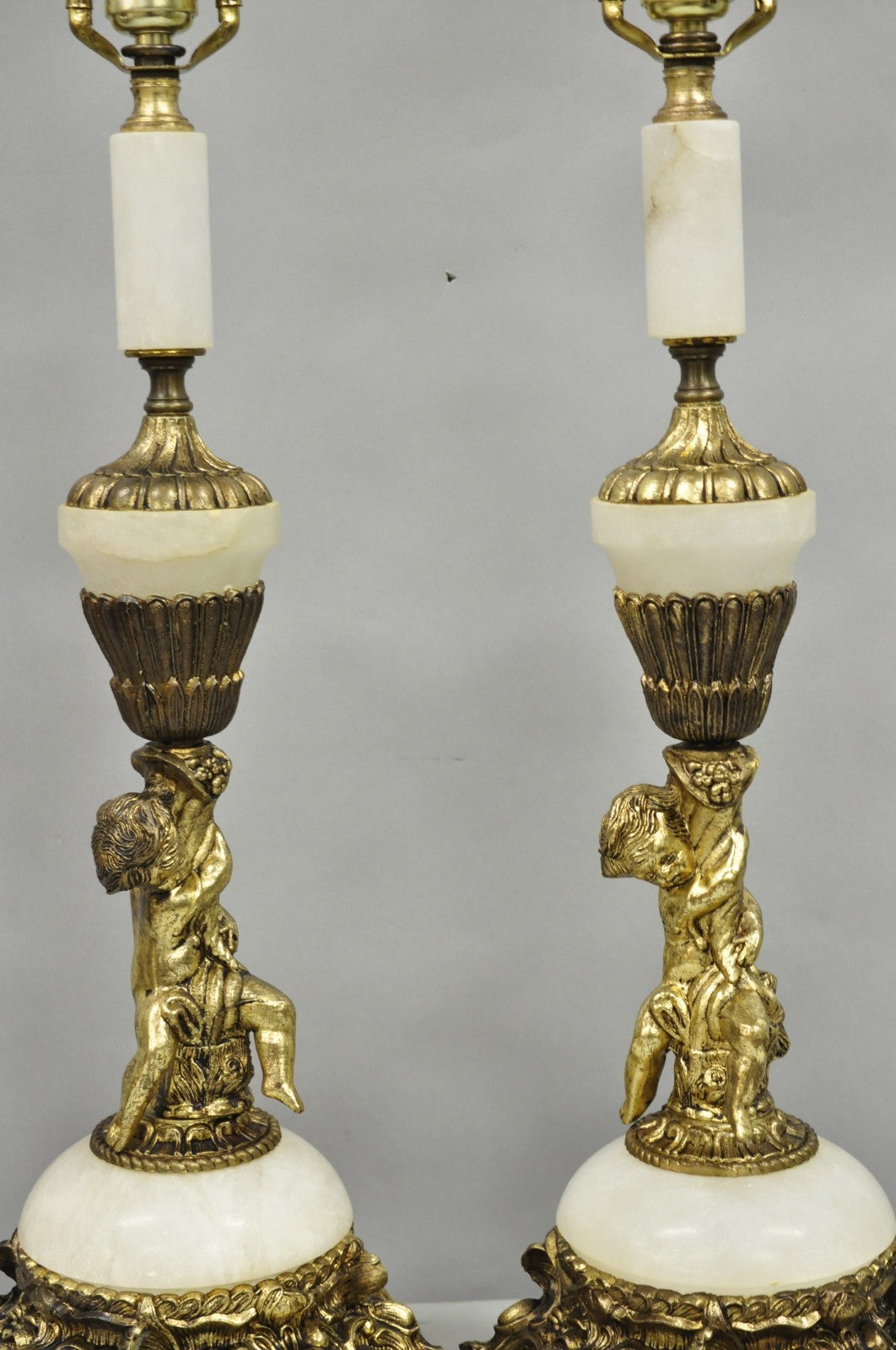 Vintage French Renaissance Rococo Alabaster & Brass Cherub Table Lamps - a Pair