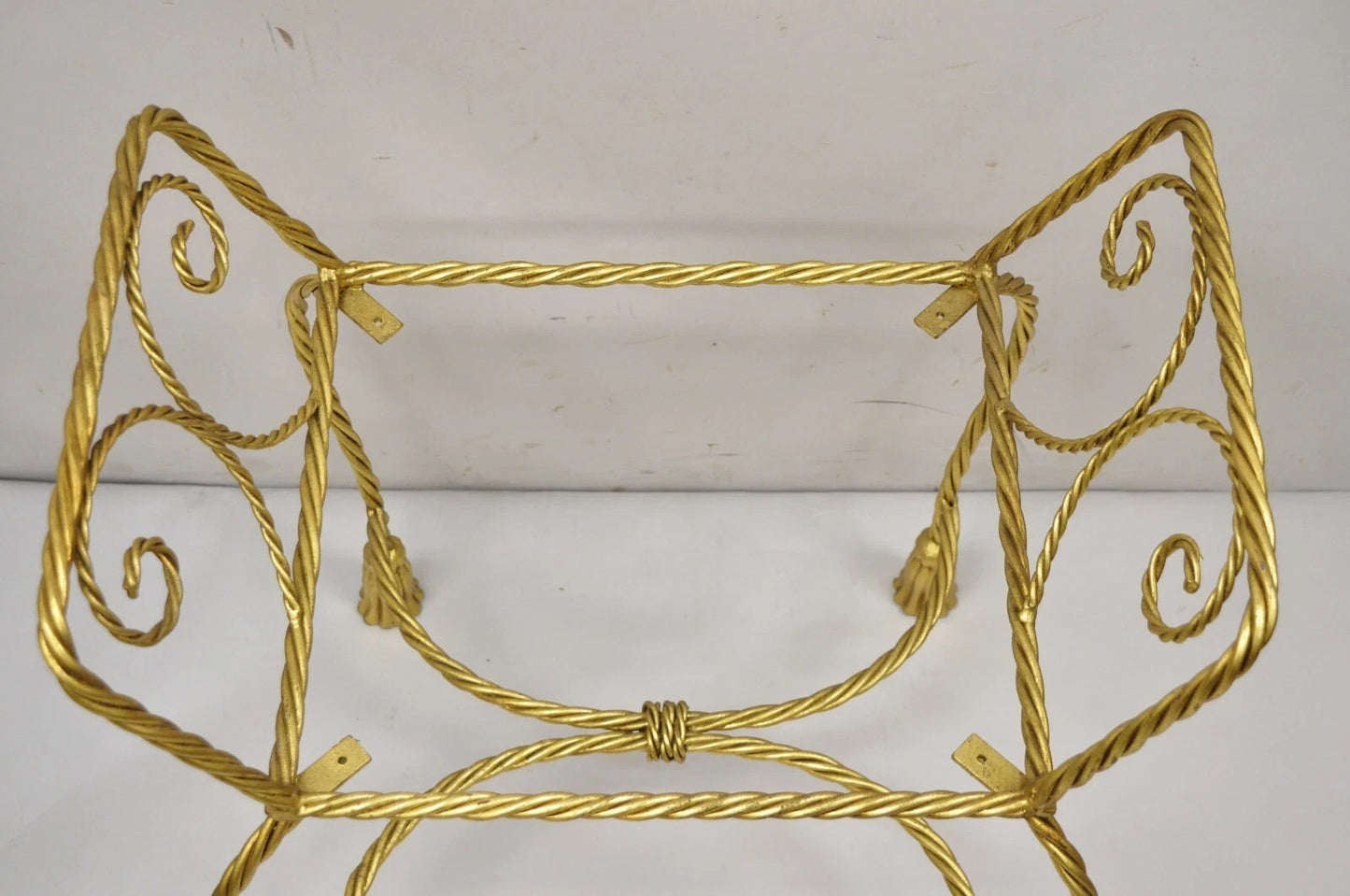 Vintage Italian Hollywood Regency Gold Gilt Iron Rope Tassel Vanity Bench Chair