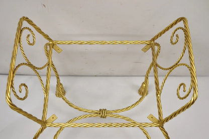 Vintage Italian Hollywood Regency Gold Gilt Iron Rope Tassel Vanity Bench Chair