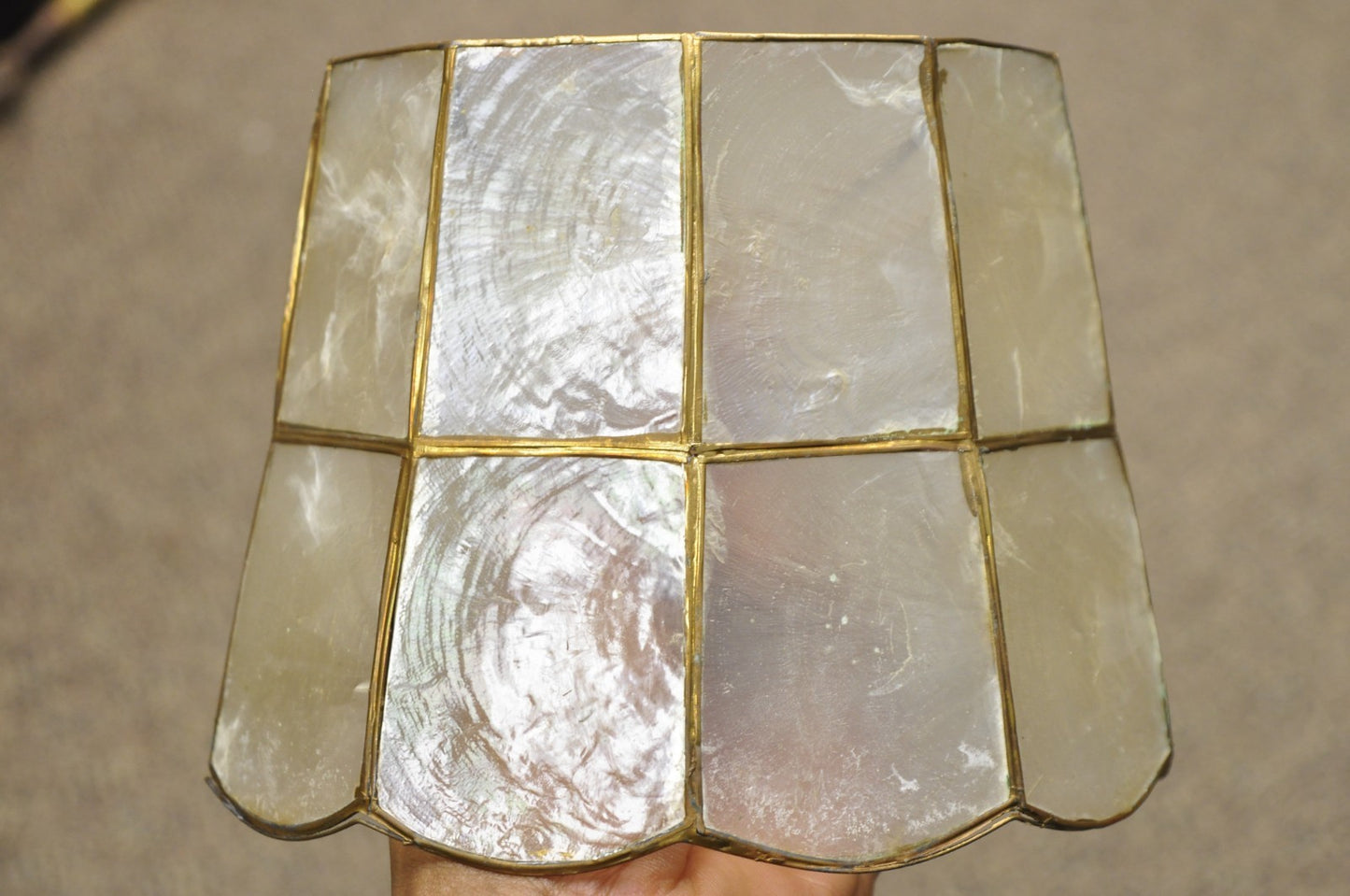 Vintage Italian Hollywood Regency Capiz Shell Gold 7.25 Round Clip On Lamp Shade