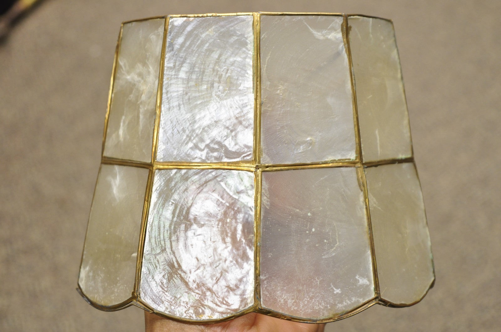 Vintage Italian Hollywood Regency Capiz Shell Gold 7.25 Round Clip On Lamp Shade