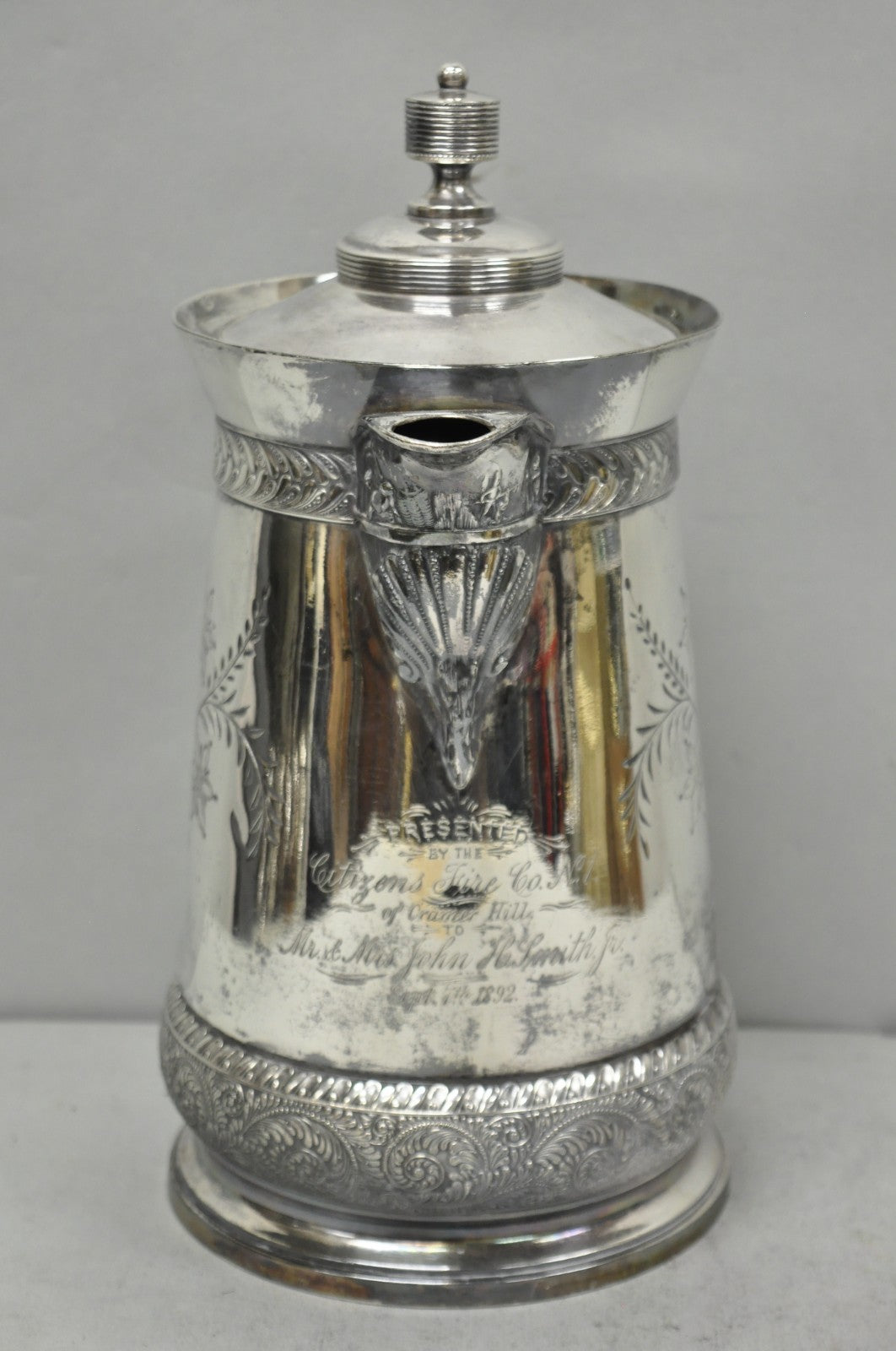 Antique Meriden Victorian Lrg Silver Plated Floral Etched Pitcher, Engraved 1892