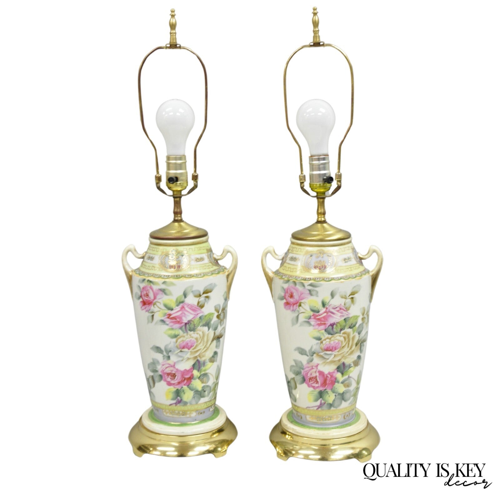 Antique French Victorian Hand Painted Porcelain Pink Rose Table Lamps - a Pair