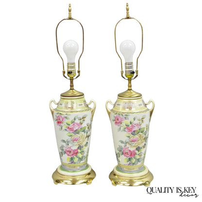 Antique French Victorian Hand Painted Porcelain Pink Rose Table Lamps - a Pair