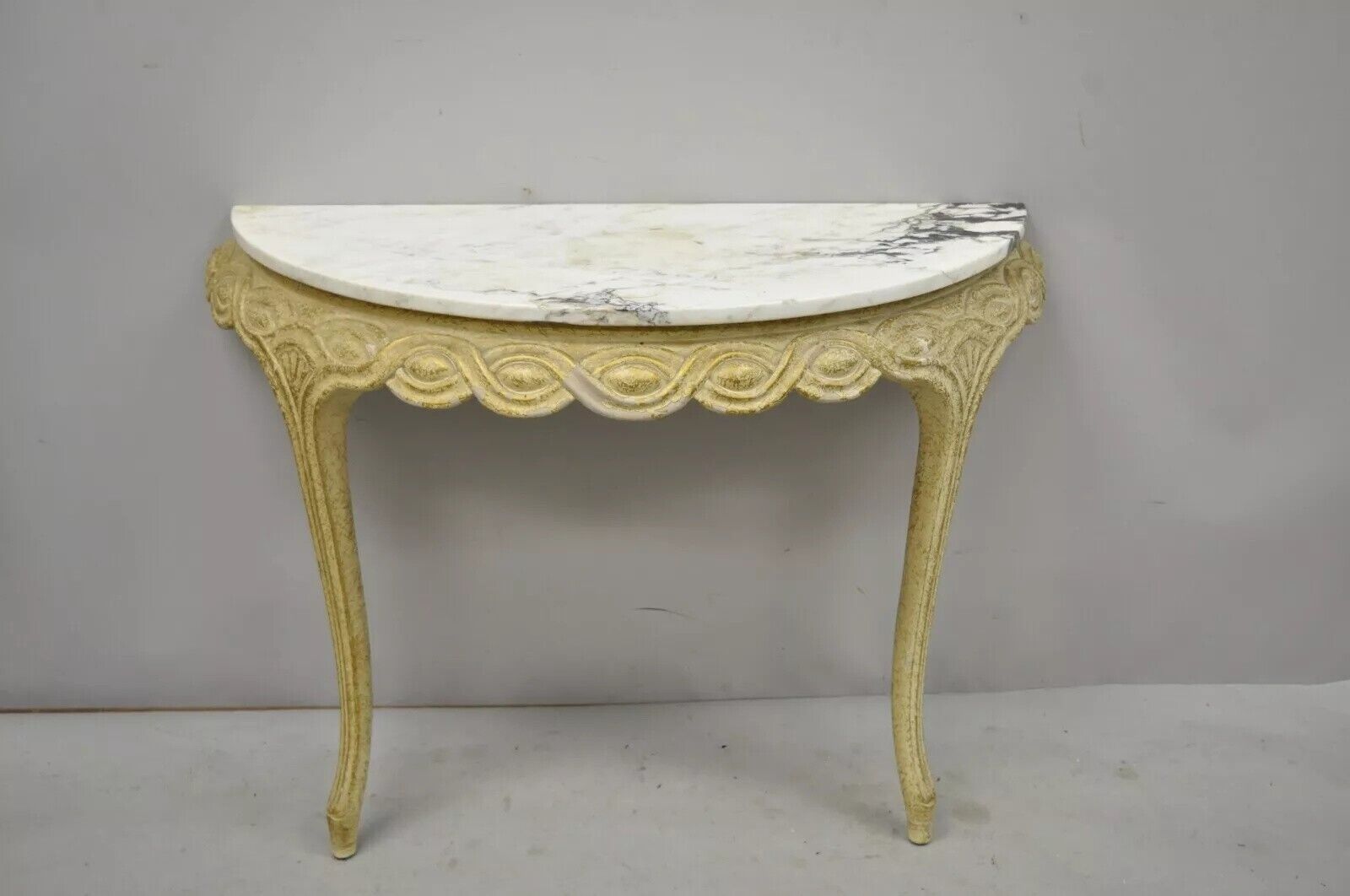 Italian Neoclassical Half Round Demilune Marble Top Ribbon Carved Console Table