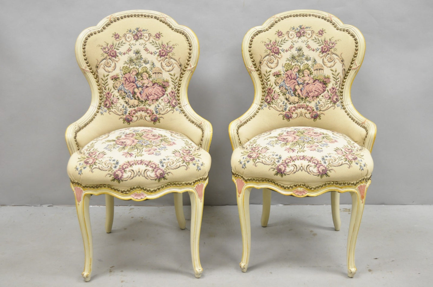 Vintage French Louis XV Style Cream & Pink Painted Boudoir Slipper Chair - Pair