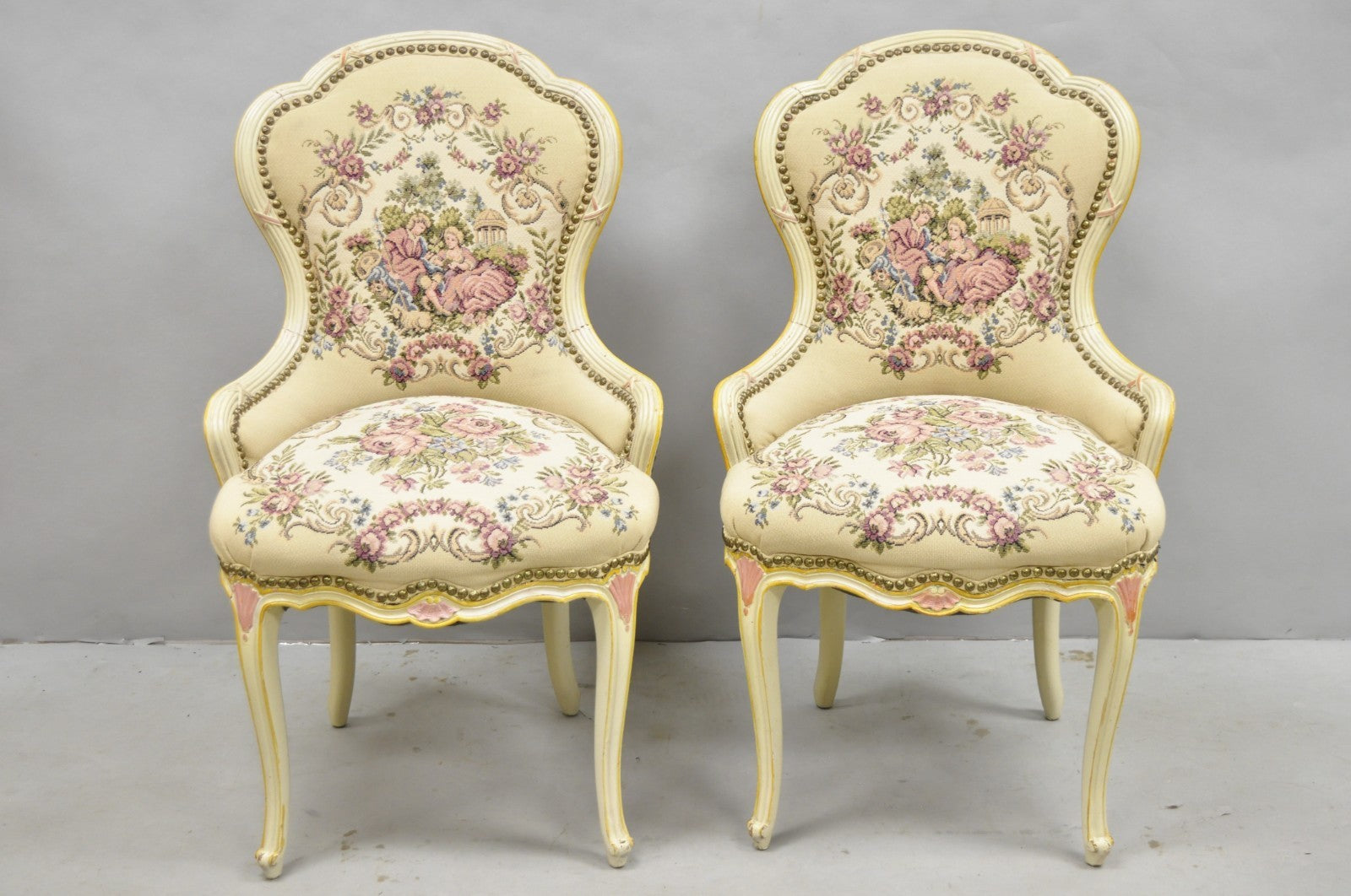 Vintage French Louis XV Style Cream & Pink Painted Boudoir Slipper Chair - Pair