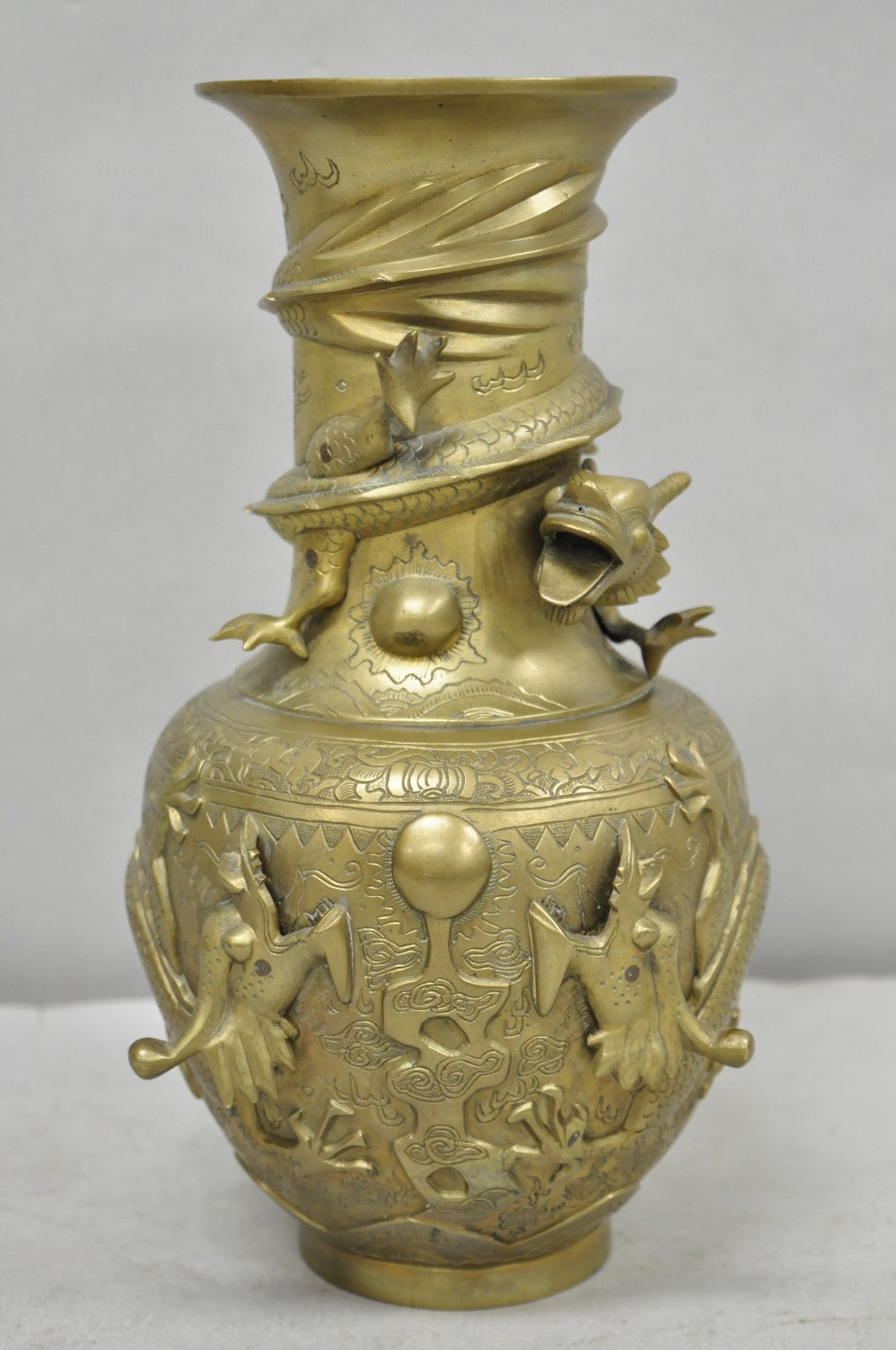 Vintage Japanese Dragon Relief Bronze Chinese 10" Oriental Flower Vase - a Pair