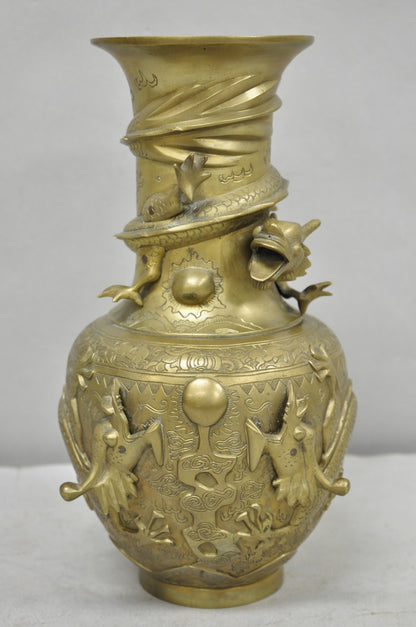 Vintage Japanese Dragon Relief Bronze Chinese 10" Oriental Flower Vase - a Pair