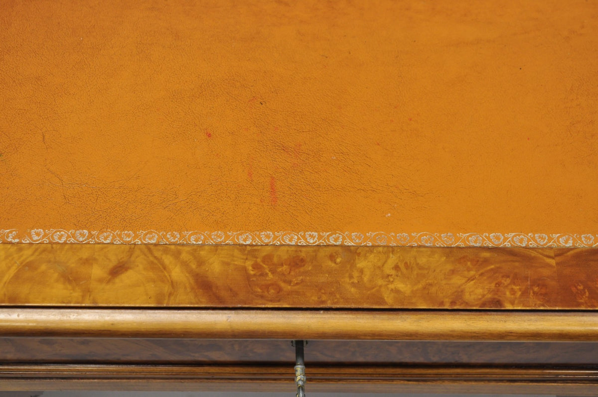Vintage French Louis XVI Style Burl Walnut Tooled Leather Top Writing Desk