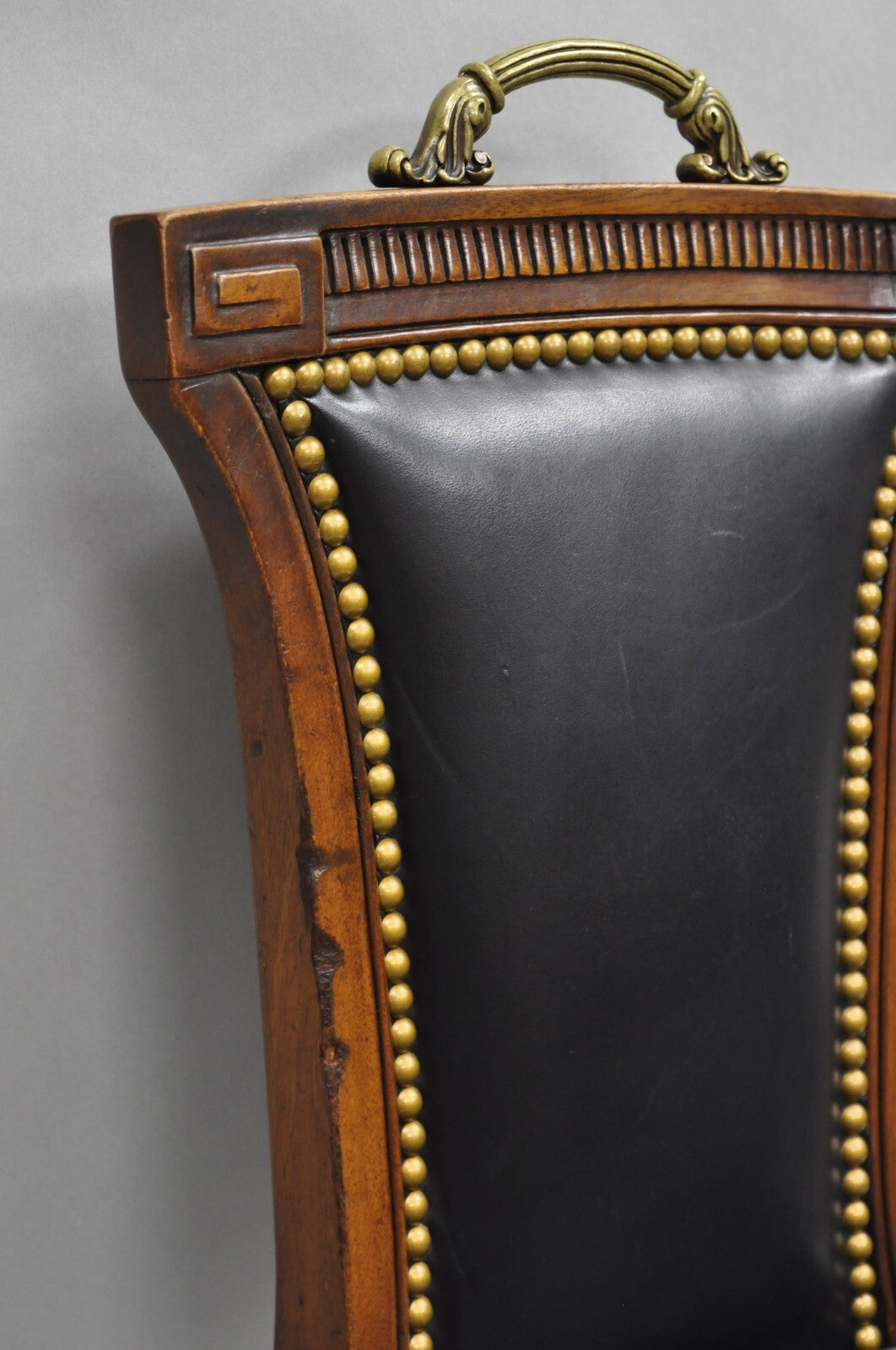 Vintage French Regency Style Carved Mahogany Black Leather Saber Leg Side Chair