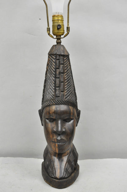 Vintage African Primitive Carved Ebony Wood Benin Bust Head Sculpture Table Lamp