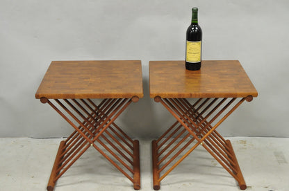 Mid Century Danish Modern Mandalay Teak Folding Campaign Style Side Tables Pair