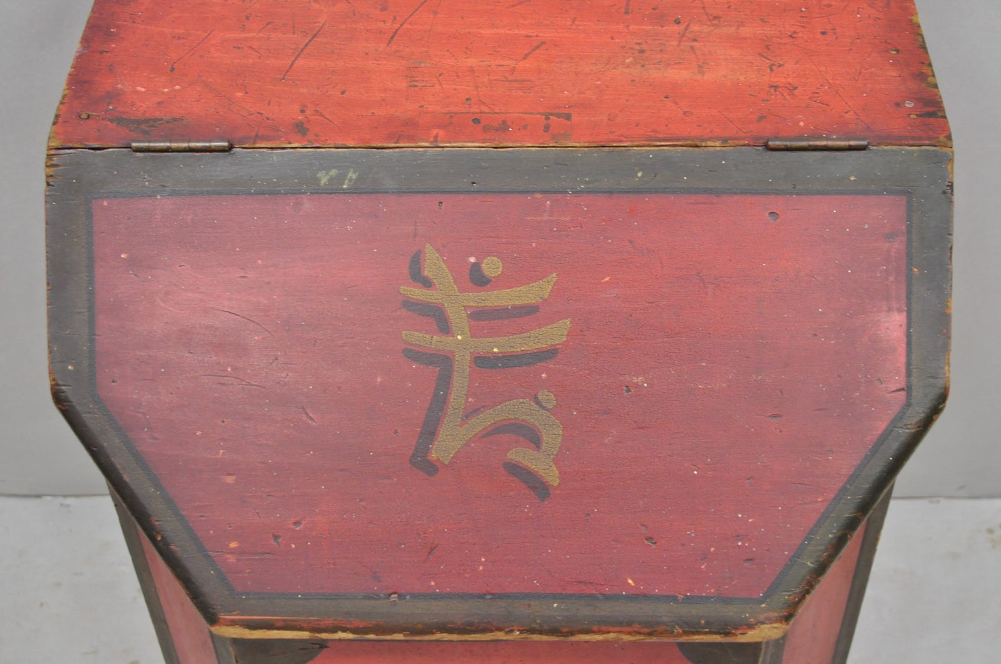 Antique British Colonial Red Painted Wooden Store Tea Coffee Bin w/ Asian Symbol