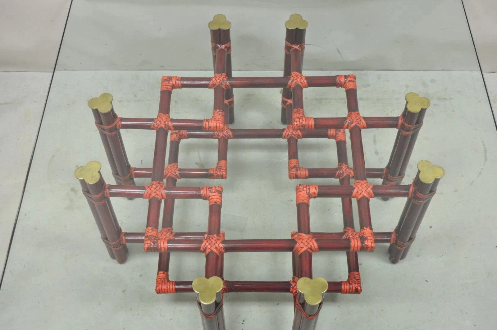 Vintage McGuire Red Rattan Bamboo and Brass Glass Top Square Coffee Table
