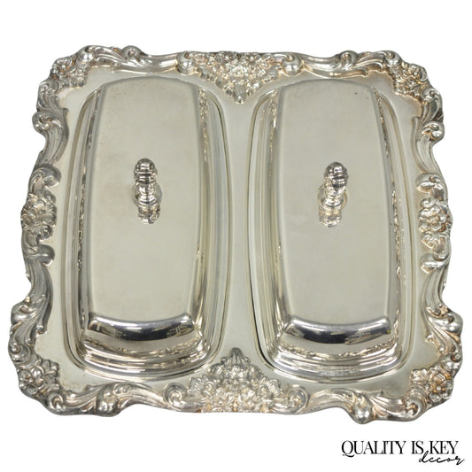 Vintage Poole Lancaster Rose Victorian Silver Plated Twin Double Butter Dish
