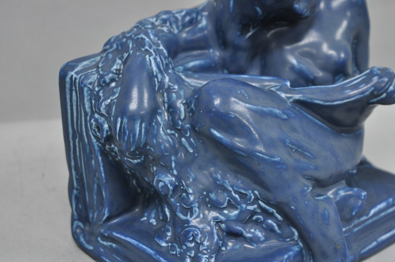 Antique Rookwood Blue Glazed Ceramic Nude Female Figure Reading Book Bookend