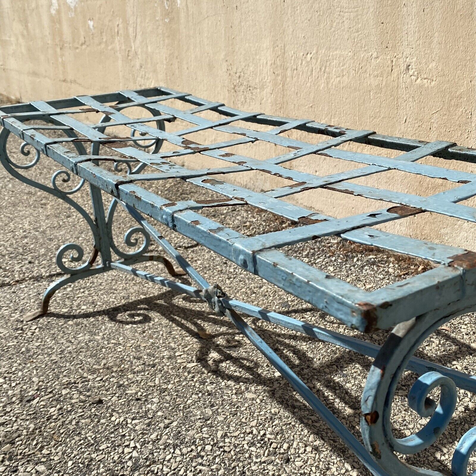 Antique French Art Nouveau Scrolling Wrought Iron Metal Strap Garden Patio Bench