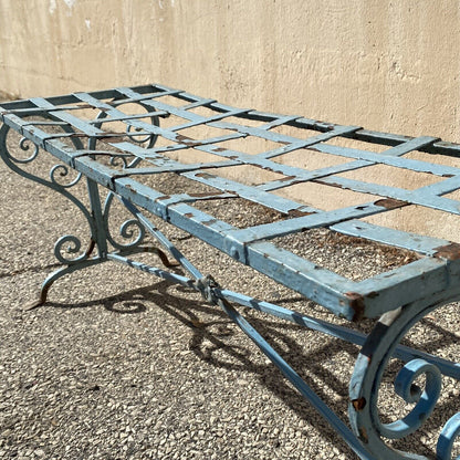 Antique French Art Nouveau Scrolling Wrought Iron Metal Strap Garden Patio Bench