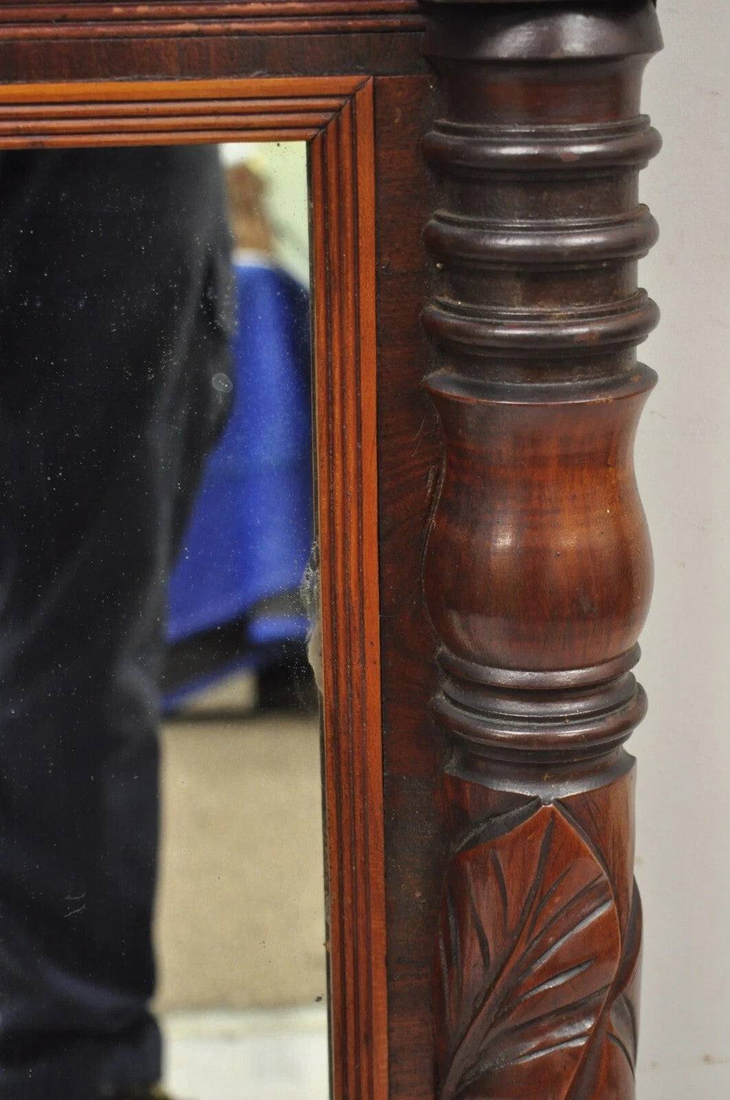 Antique American Empire Walnut Leaf Carved Wall Console Pier Mirror