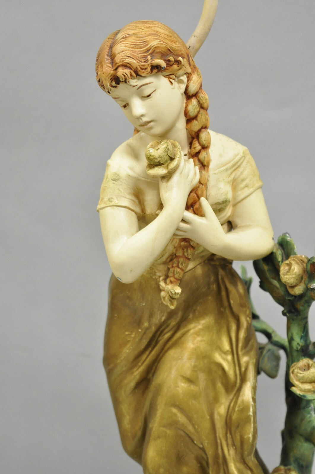 Antique L&F Moreau Spelter Metal Painted Figural "Young Girl" Table Lamp