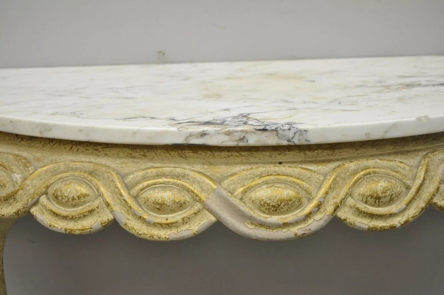 Italian Neoclassical Half Round Demilune Marble Top Ribbon Carved Console Table