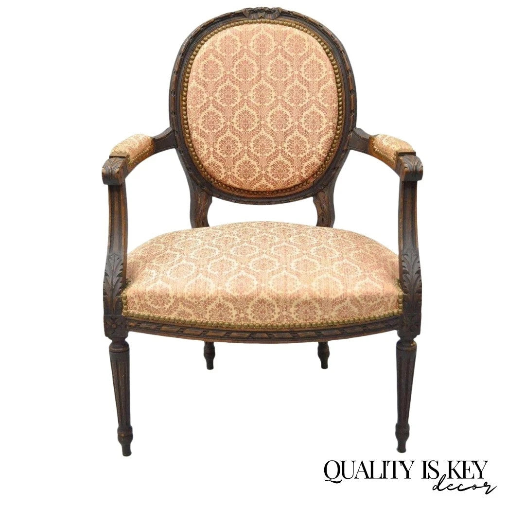 Antique French Louis XVI Style Bow Carved Walnut Fauteuil Fireside Arm Chair