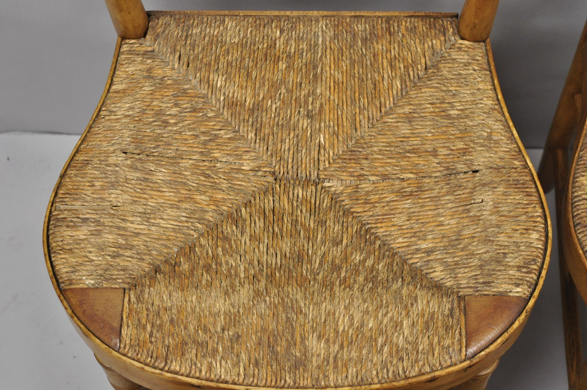 Antique English Regency Faux Bamboo Rush Seat Wooden Dining Chairs - Set of 6