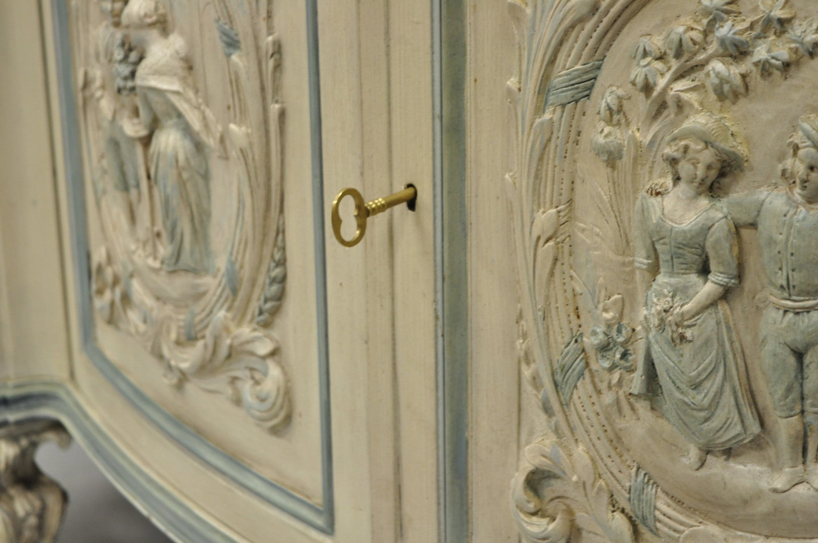 French Renaissance White Blue Painted Figural Carved Marble Top Buffet Commode