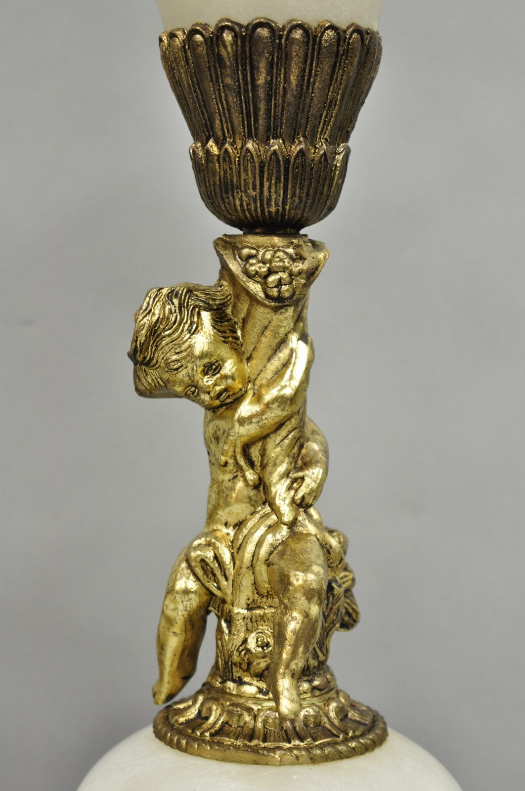 Vintage French Renaissance Rococo Alabaster & Brass Cherub Table Lamps - a Pair