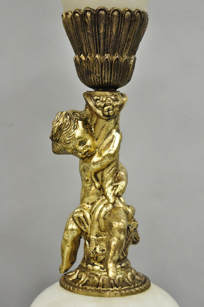 Vintage French Renaissance Rococo Alabaster & Brass Cherub Table Lamps - a Pair
