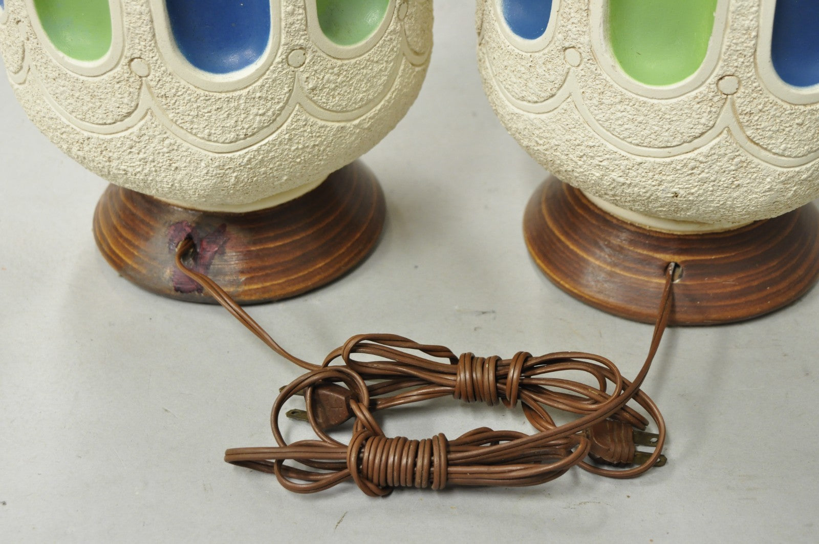 Vintage Mid Century Modern White Blue Ceramic Pottery Teak Table Lamps - a Pair