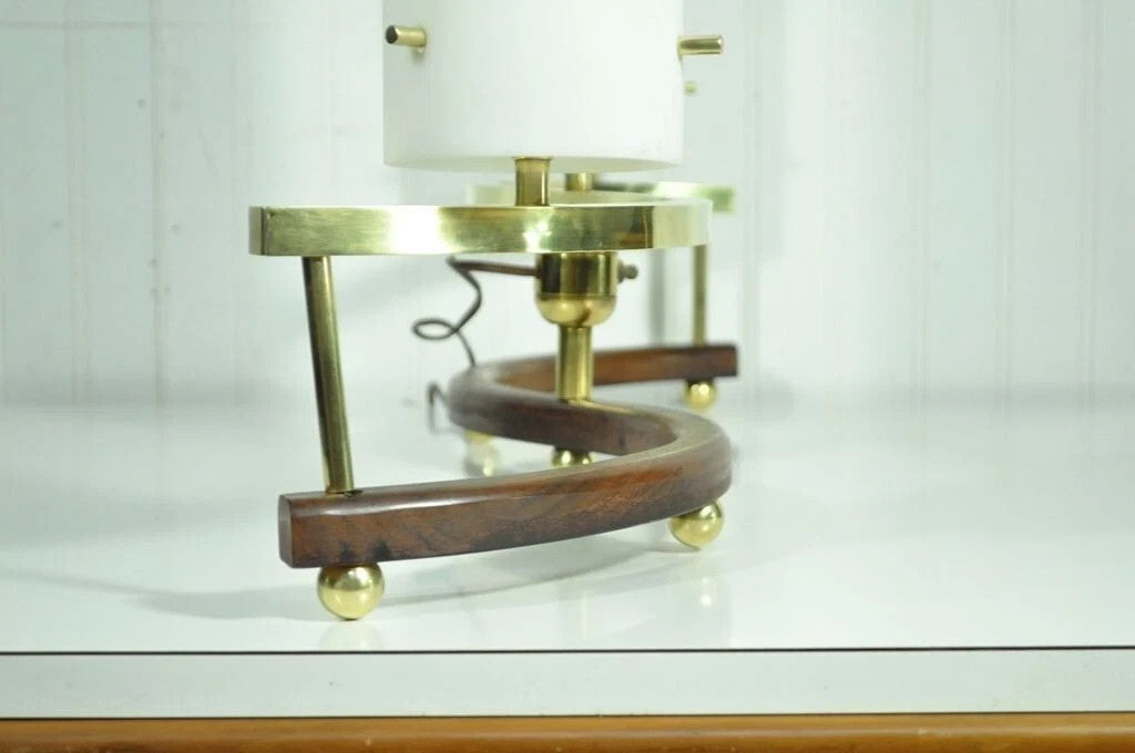 Vintage Mid Century Modern Stilnovo Brass Walnut & Glass Sculptural Table Lamp