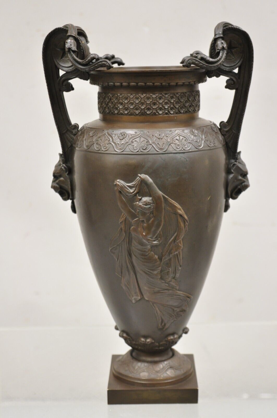 19th C Alfred Daubree French Neoclassical Bronze Figural Urn Vase with Lions