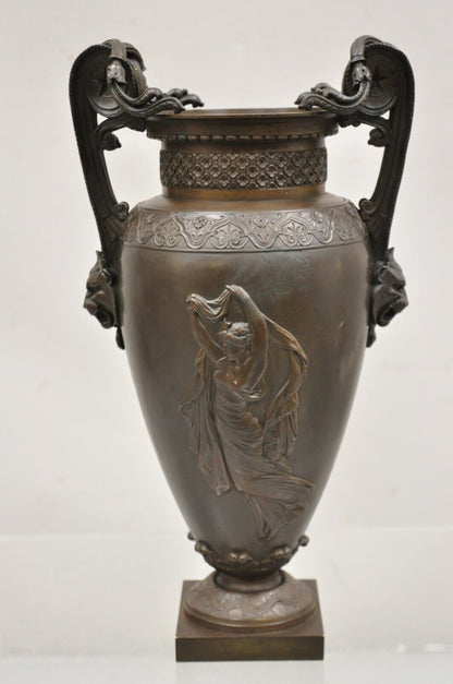 19th C Alfred Daubree French Neoclassical Bronze Figural Urn Vase with Lions