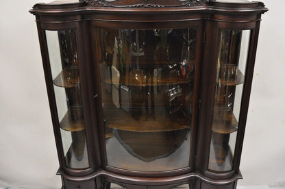 Antique French Renaissance Dark Walnut Triple Bowed Glass China Cabinet