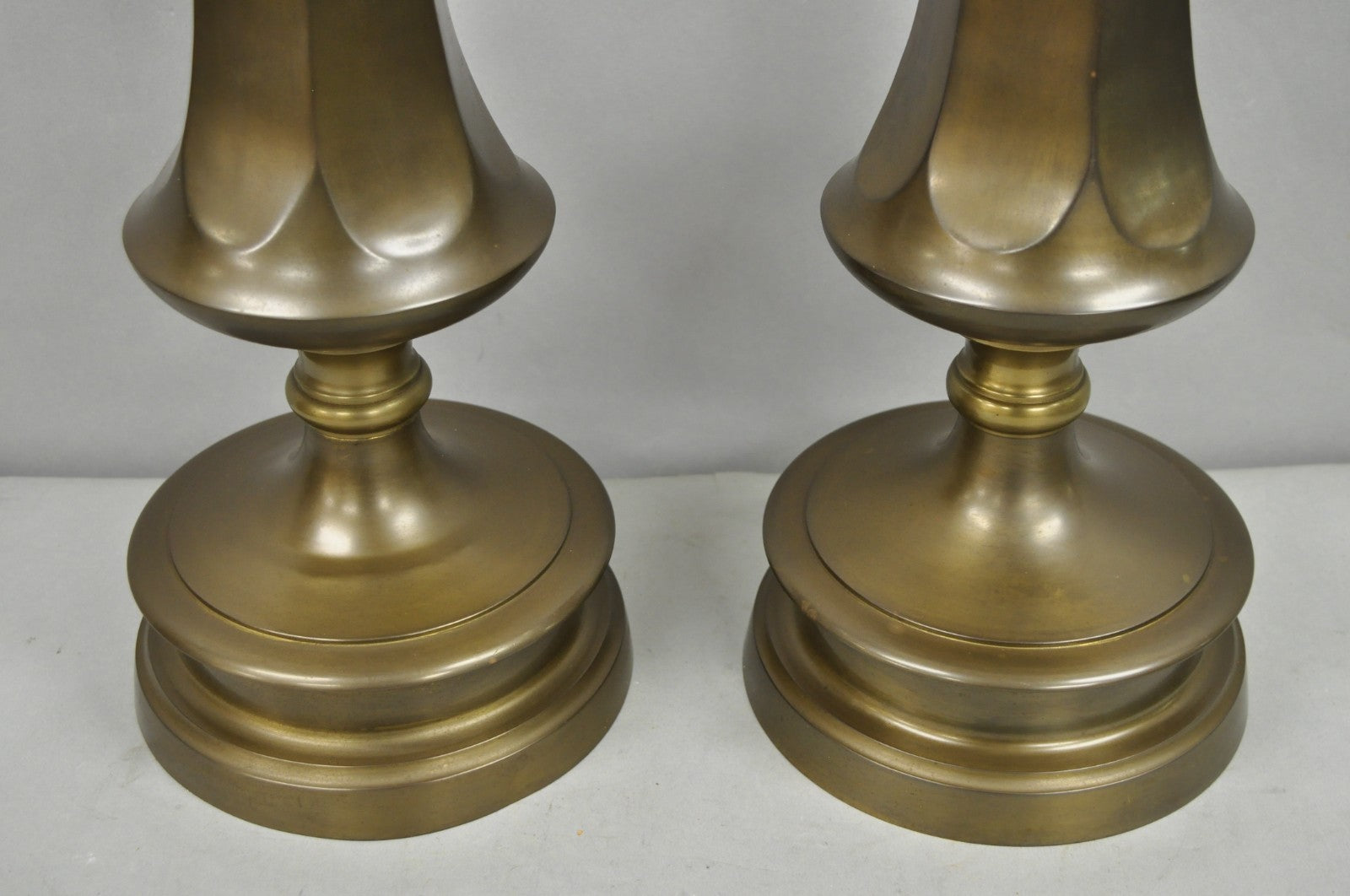 Vintage French Empire Patinated Bronze Brass Column Table Lamps by Wildwood Pair