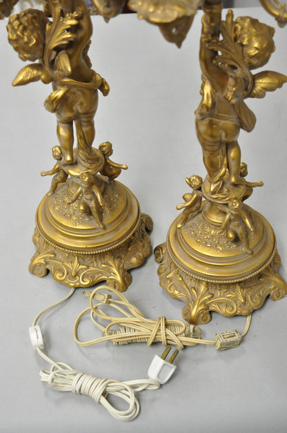 Vintage French Renaissance Louis XV Gold Cherub Candelabra Table Lamps - a Pair
